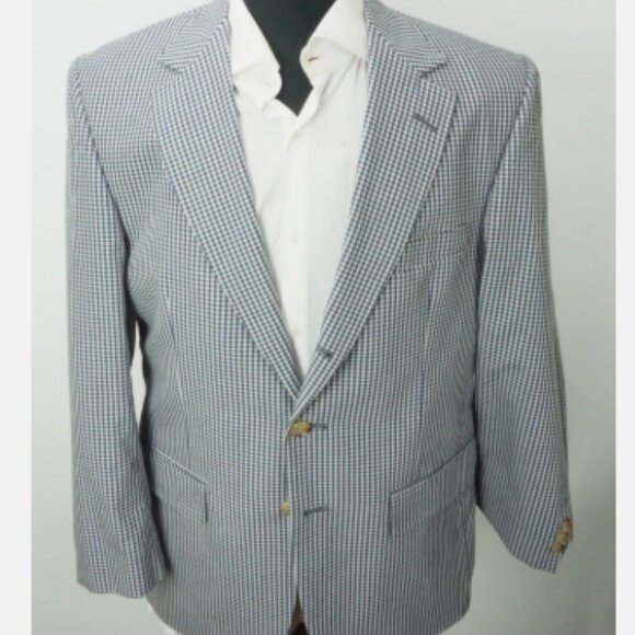 Orvis Men's Cotton Blend Blue Cream Gingham Sport Coat Blazer Business Sz 46 R